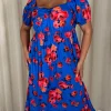 CurveWow Short Sleeved Ruched Front Milk Maid Midi Dress Blue Floral