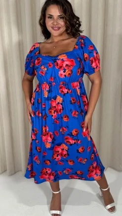 CurveWow Short Sleeved Ruched Front Milk Maid Midi Dress Blue Floral