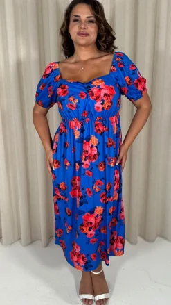 CurveWow Short Sleeved Ruched Front Milk Maid Midi Dress Blue Floral