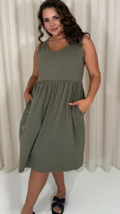 CurveWow Sleeveless Pocket Smock Dress Khaki