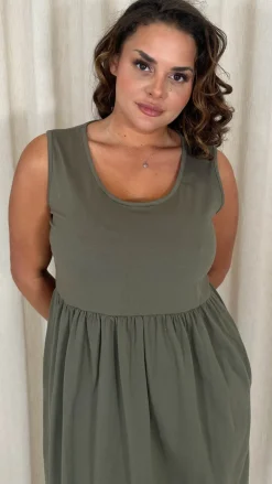 CurveWow Sleeveless Pocket Smock Dress Khaki