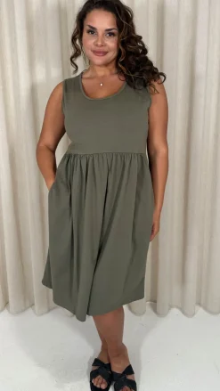 CurveWow Sleeveless Pocket Smock Dress Khaki