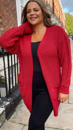 CurveWow Slouch Pocket Knitted Cardigan Pomegranate