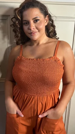 CurveWow Slub Shirred Pocket Jumpsuit Rust