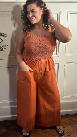 CurveWow Slub Shirred Pocket Jumpsuit Rust