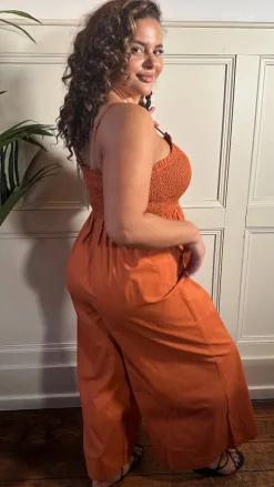 CurveWow Slub Shirred Pocket Jumpsuit Rust