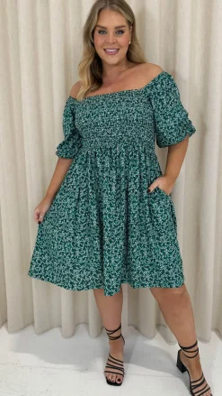 CurveWow Smock Dress Green Disty Floral