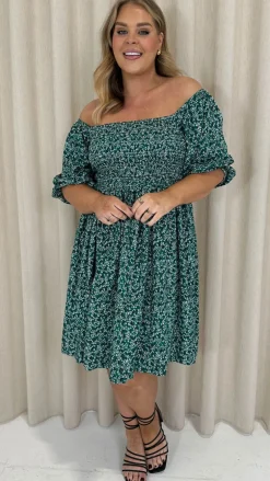 CurveWow Smock Dress Green Disty Floral