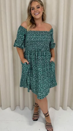 CurveWow Smock Dress Green Disty Floral