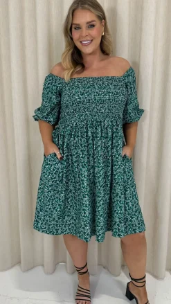 CurveWow Smock Dress Green Disty Floral
