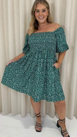 CurveWow Smock Dress Green Disty Floral