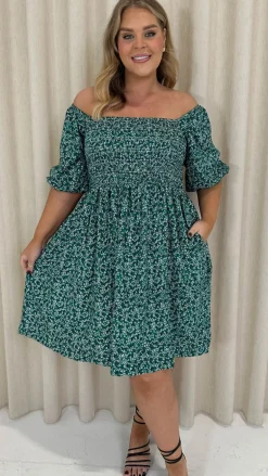 CurveWow Smock Dress Green Disty Floral