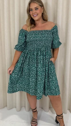 CurveWow Smock Dress Green Disty Floral