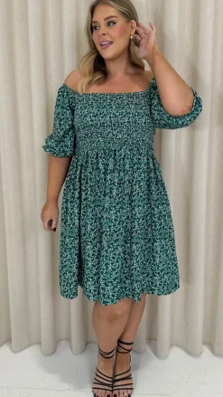CurveWow Smock Dress Green Disty Floral