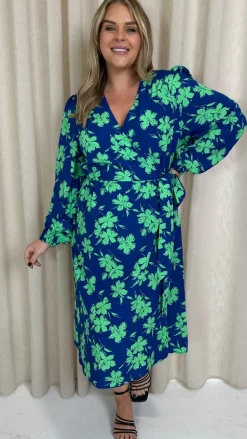 CurveWow Splice Wrap Midi Dress Blue
