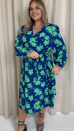 CurveWow Splice Wrap Midi Dress Blue