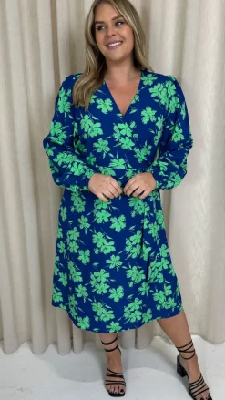 CurveWow Splice Wrap Midi Dress Blue