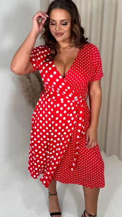 CurveWow Spliced Wrap Dress Red Polka Dot