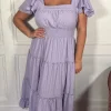 CurveWow Square Neck Seersucker Dress Lilac