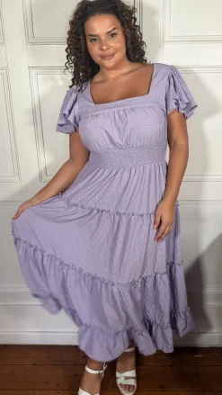 CurveWow Square Neck Seersucker Dress Lilac
