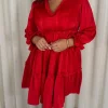 CurveWow Striped Satin Tiered Mini Dress Red