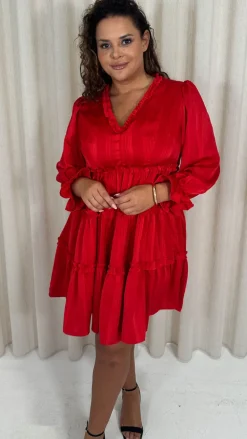CurveWow Striped Satin Tiered Mini Dress Red