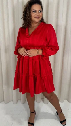 CurveWow Striped Satin Tiered Mini Dress Red