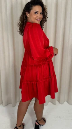 CurveWow Striped Satin Tiered Mini Dress Red