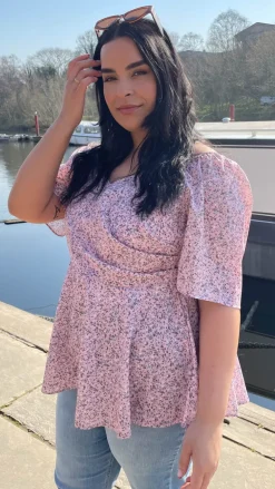 CurveWow Sweetheart Peplum Top Pink Ditsy