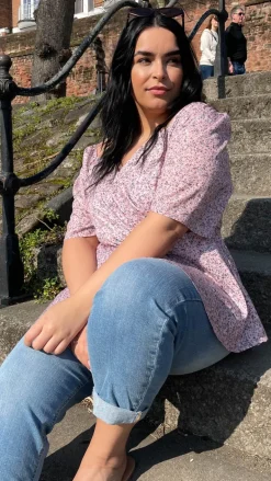 CurveWow Sweetheart Peplum Top Pink Ditsy