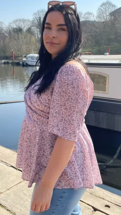 CurveWow Sweetheart Peplum Top Pink Ditsy