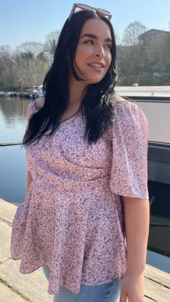 CurveWow Sweetheart Peplum Top Pink Ditsy