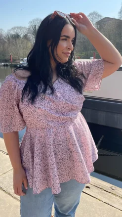 CurveWow Sweetheart Peplum Top Pink Ditsy