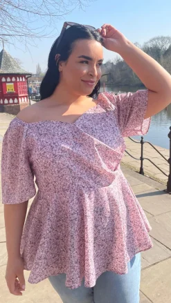 CurveWow Sweetheart Peplum Top Pink Ditsy