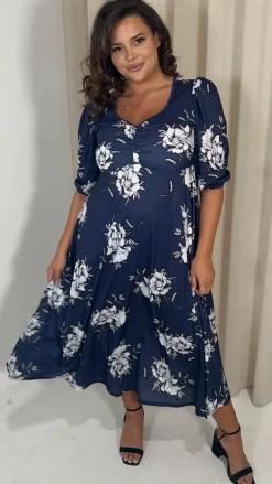 CurveWow Sweetheart Split Front Midaxi Dress Navy Floral