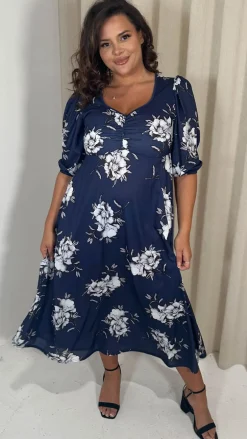 CurveWow Sweetheart Split Front Midaxi Dress Navy Floral