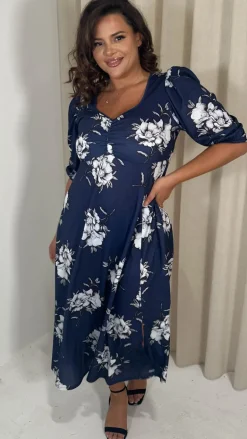 CurveWow Sweetheart Split Front Midaxi Dress Navy Floral