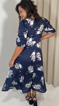 CurveWow Sweetheart Split Front Midaxi Dress Navy Floral