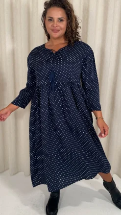 CurveWow Tassel Midaxi Dress Tiny Navy Polka Dot