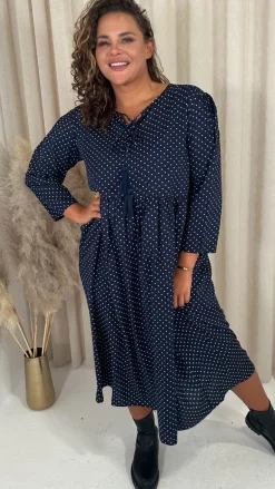 CurveWow Tassel Midaxi Dress Tiny Navy Polka Dot