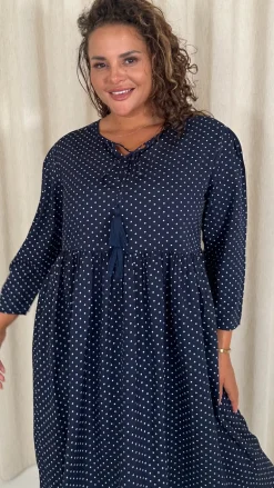 CurveWow Tassel Midaxi Dress Tiny Navy Polka Dot