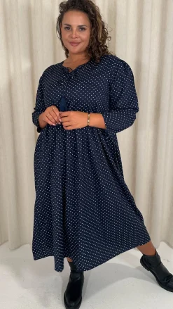 CurveWow Tassel Midaxi Dress Tiny Navy Polka Dot