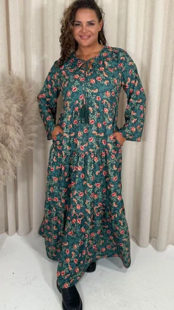 CurveWow Tassel Tiered Maxi Dress Green Floral