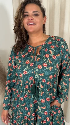 CurveWow Tassel Tiered Maxi Dress Green Floral