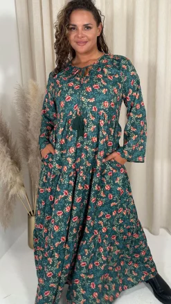 CurveWow Tassel Tiered Maxi Dress Green Floral