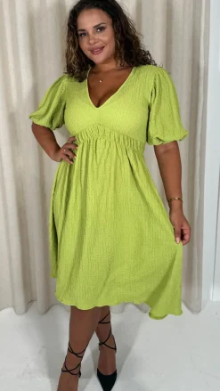 CurveWow Texture V Neck Midi Dress Lime