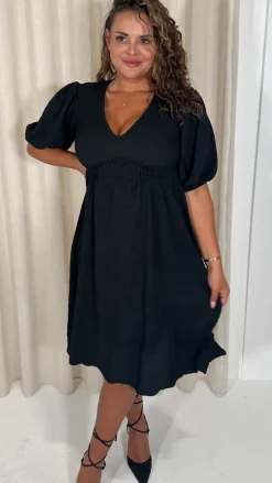 CurveWow Texture V Neck Midi Dress Black