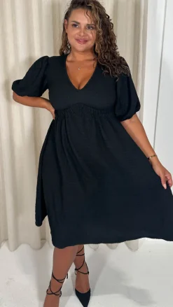 CurveWow Texture V Neck Midi Dress Black