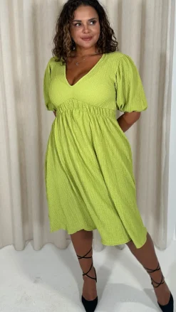 CurveWow Texture V Neck Midi Dress Lime