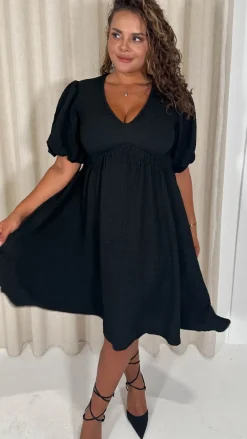 CurveWow Texture V Neck Midi Dress Black